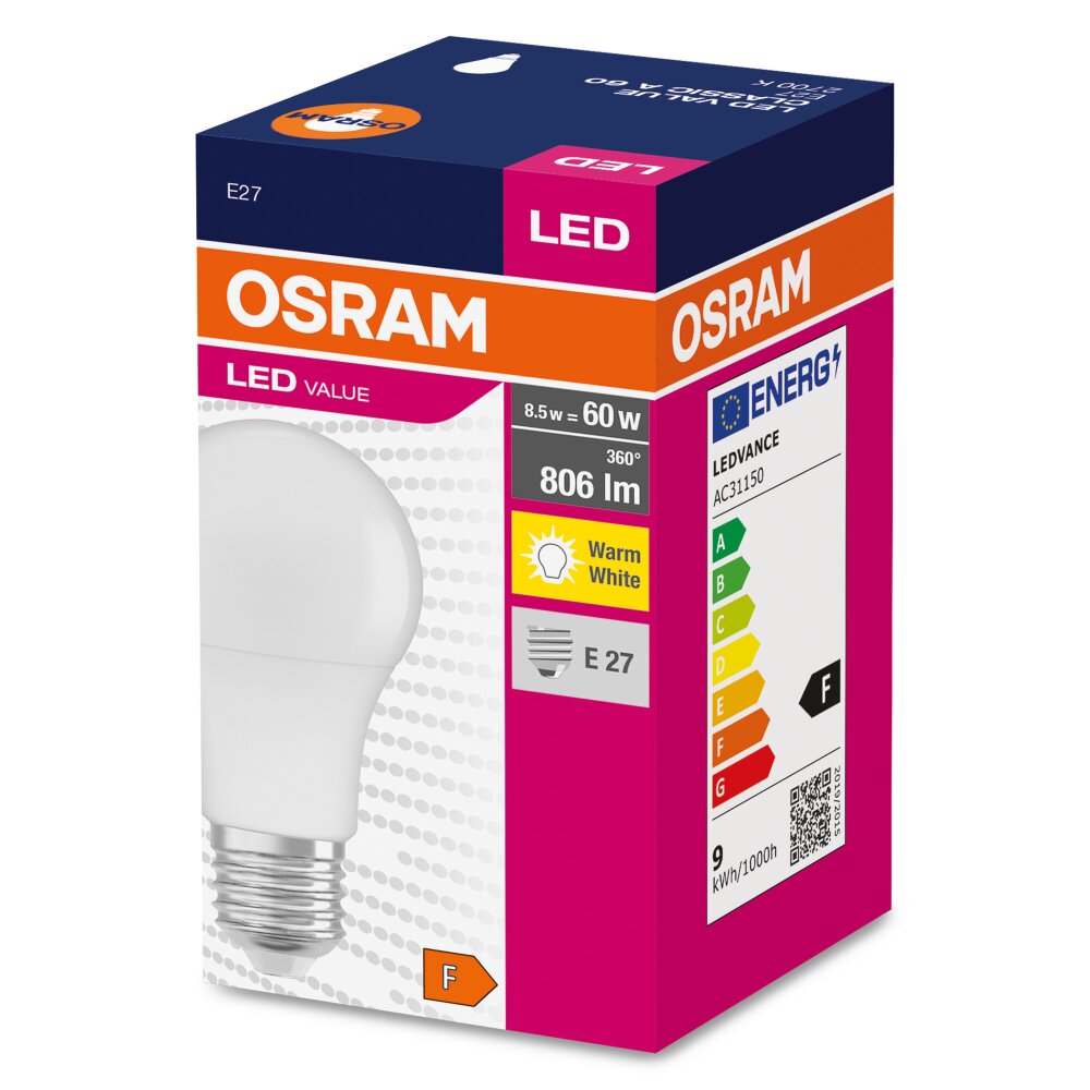 Osram E27 LED 8.5 Watt varmvit 806 Lumen main product photo