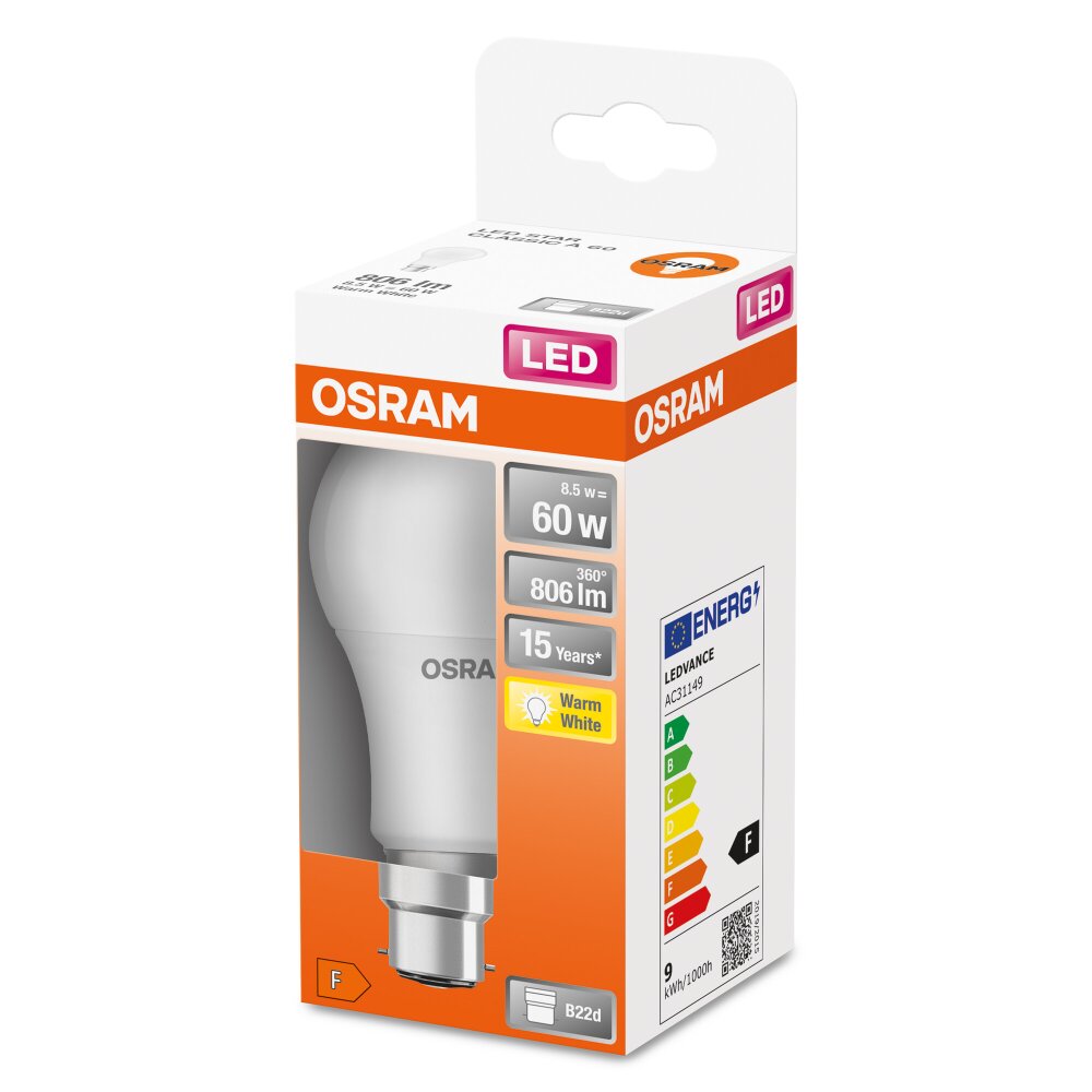 Osram B22d LED 8.5 Watt varmvit 806 Lumen main product photo