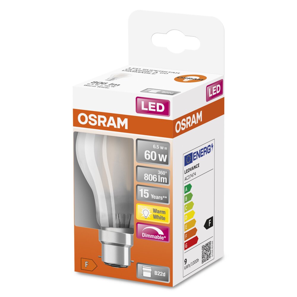 Osram B22d LED 6.5 Watt varmvit dimbar 806 Lumen main product photo
