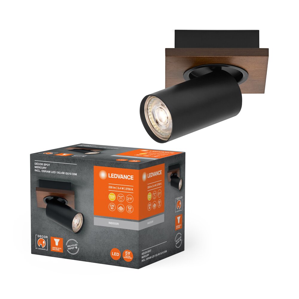 Ledvance Spot Taklampa LED träoptik, Svart, 1-ljuskällor main product photo