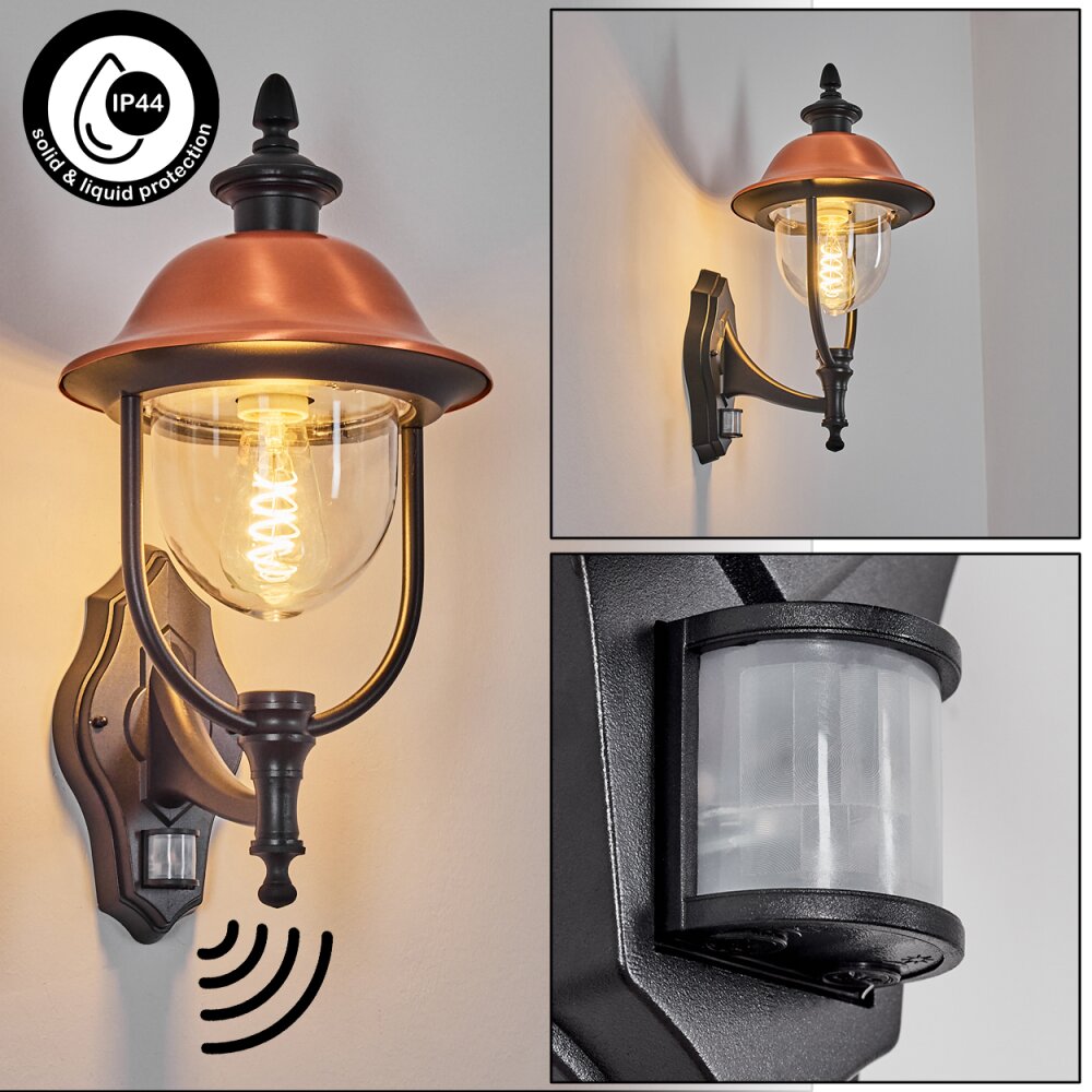 Gascon vägglampa utomhus, Vägglampa Kopparfärg, Svart, 1-ljuskällor, Rörelsedetektor main product photo