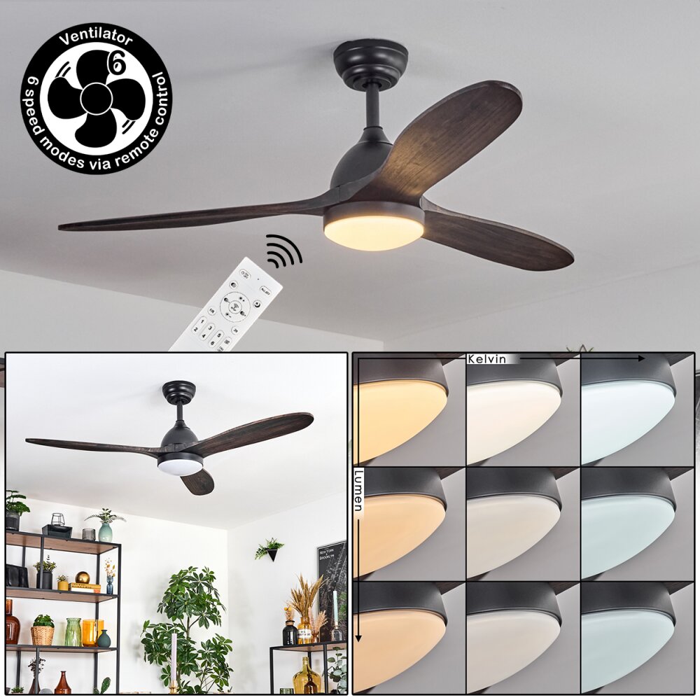 Mosstena Taklampa, Takfläkt med belysning LED Trä mörkt, Svart, 1-ljuskällor, Fjärrkontroll main product photo