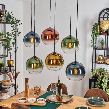 Koyoto Pendellampa, kullampa, Pendelbelysning Blå, Guld, Grön, Klart, Kopparfärg, 6-ljuskällor