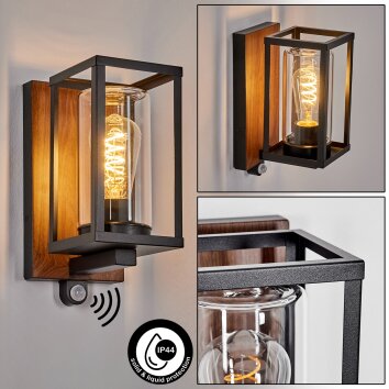 Portalis vägglampa utomhus, Vägglampa träoptik, Svart, 1-ljuskällor, Rörelsedetektor