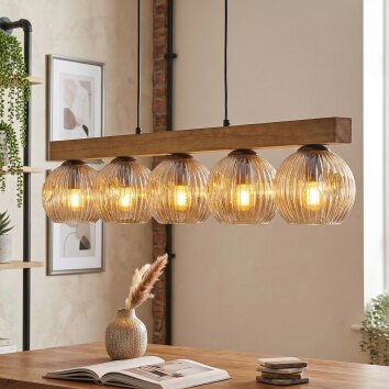 Pendellampa Ripoll med träbalk och 5 amberfärgade lampskärmar, längd 95 cm