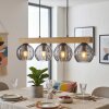 Modern hängande lampa i träbalksdesign, Koyoto, med 4 rökfärgade glaskupor i räfflat glas, ø 15 cm