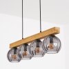 Modern hängande lampa i träbalksdesign, Koyoto, med 4 rökfärgade glaskupor i räfflat glas, ø 15 cm