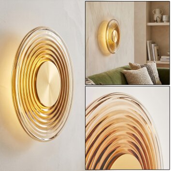 LED-vägglampa Liriel med koncentriska ringar, amber- och klart glas, 3000 Kelvin varmvit