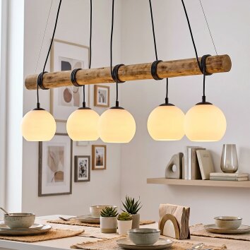 Koyoto pendellampa med trästav för matbord, 5 ljuspunkter, längd 100 cm