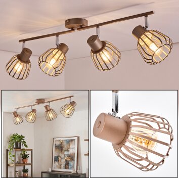Takstrålkastare Keldor med fyra burformade spotlights, roterbara ljuselement, brun och krom