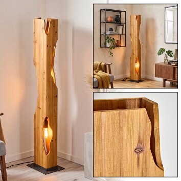 Modern golvlampa Sernadelo med skulptural naturfärgad träpanel, öppen E27-fattning