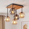 Modern Trälamell-taklampa Koyoto med trälamellplatta och 5 glasskärmar i rökfärg och bärnsten