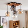 Modern taklampa Koyoto med fem glaskupor i rök, amber och klart, trälamellplatta