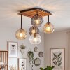 Modern taklampa Koyoto med fem glaskupor i rök, amber och klart, trälamellplatta
