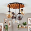 Boho kluster-taklampa Gastor, trälamellplatta, 5 glaskupor i rökfärger, amber, klart