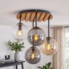 Kluster-taklampa Gastor med naturfärgad trälamellskiva och 4 glasskärmar i rök, amber, klart
