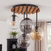 Kluster-taklampa Gastor med naturfärgad trälamellskiva och 4 glasskärmar i rök, amber, klart