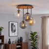 Kluster-taklampa Gastor med naturfärgad trälamellskiva och 4 glasskärmar i rök, amber, klart