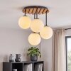 Modern kluster-taklampa Gastor med fyra vita, runda glasskärmar och trälameller