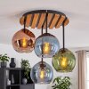 Naturfärgad trä-taklampa Koyoto, med rund lamellplatta, fyra glasskärmar i blått