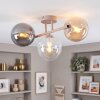 Modern taklampa Gastor med tre klotformade glasskärmar i amber, rökfärgat och klart glas