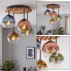 Klustertaklampa Koyoto med rund trälamellplatta för matbordet, fyra glasskärmar