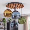 Kluster-taklampa Koyoto med blå, gröna och guldfärgade glasskärmar, naturfärgat trä