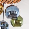 Kluster-taklampa Koyoto med blå, gröna och guldfärgade glasskärmar, naturfärgat trä