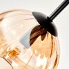 Modern trä-taklampa Koyoto med rund lamellplatta och 5 amberfärgade glaskupor