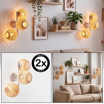 Boho vägglampa Basto i 2-pack med tre runda flätade bambuskärmar i naturfärg