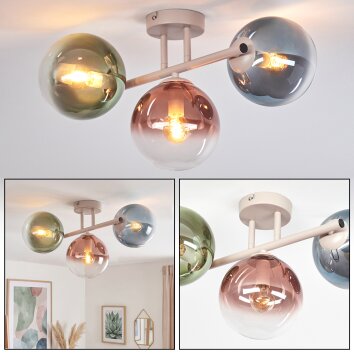 Modern klot-taklampa Gastor med kluster av blå, gröna och kopparfärgade glasskärmar