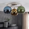 Modern kluster-taklampa Koyoto med tre färgade glasskärmar i blått, grönt och guld