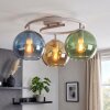 Modern kluster-taklampa Koyoto med tre färgade glasskärmar i blått, grönt och guld