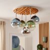 Kluster-taklampa Gastor med rund naturfärgad trälamellpanel och 5 glasskärmar i blått