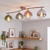 Böjd taklampa Gastor med fyra moderna glasskärmar i blått, grönt, krom och rökfärg