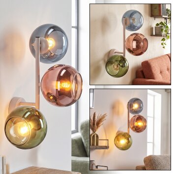 Modern Klot-vägglampa Koyoto med tre glasskärmar i kopparfärg, blått och grönt