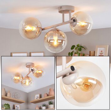 Modern kluster-taklampa Gastor med tre sfäriska glasskärmar i amber och klart glas