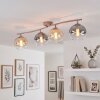 Modern Klot-taklampa Koyoto med fyra glasskärmar i rökfärg, amber och klar