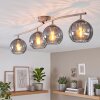 Modern taklampa Koyoto med fyra runda rökfärgade glasskärmar på böjd skena