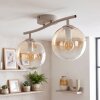 Modern taklampa Gastor med två runda glasskärmar i amber och klart glas, böjd skena och E14