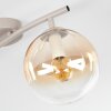 Modern taklampa Gastor med två runda glasskärmar i amber och klart glas, böjd skena och E14
