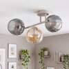 Modern kluster-taklampa Koyoto med tre räfflade glasskärmar i rökfärger och amber