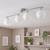 Modern taklampa Koyoto med böjd skena och fyra runda glasskärmar i vitt