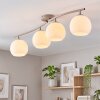 Modern taklampa Koyoto med böjd skena och fyra runda glasskärmar i vitt