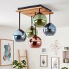 Boho kluster-taklampa Koyoto med 5 blå, gröna och kopparfärgade glassfärer över matbordet