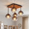 Taklampa Koyoto med 5 rökfärgade och klara glaskupor och trälamellplatta i boho stil
