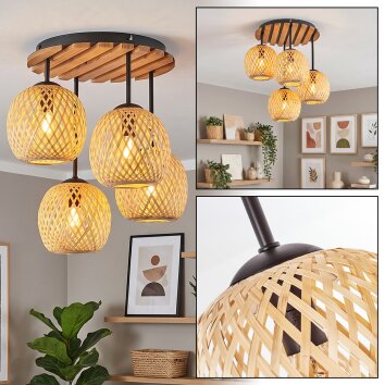 Boho taklampa Basto med 4 runda flätade bambuskärmar i naturfärg, E14