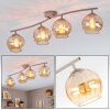 Retro kluster-taklampa Koyoto med böjd skena, fyra räfflade amberglasskärmar