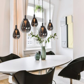 Steinhauer LED-pendellampa Glimsy, 5 rökglasskärmar, höjdjusterbar, 2700 Kelvin varmvit