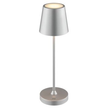 Brilliant LED-bordslampa Elora, konisk silverskärm, dimbar, 2700 Kelvin varmvit, IP44